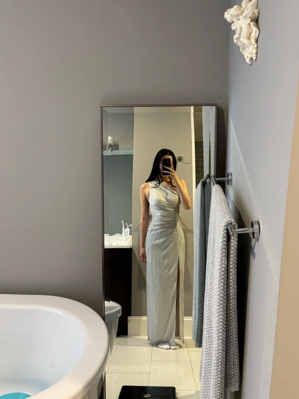 Aidan Mattox Silver One-Shoulder Metallic Evening Dress - Picture 3 of 5